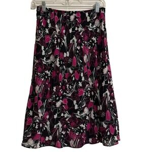 GEORGE Womens 6 Midi Skirt Black Fuchsia Floral Elastic Waist‎ Flowy